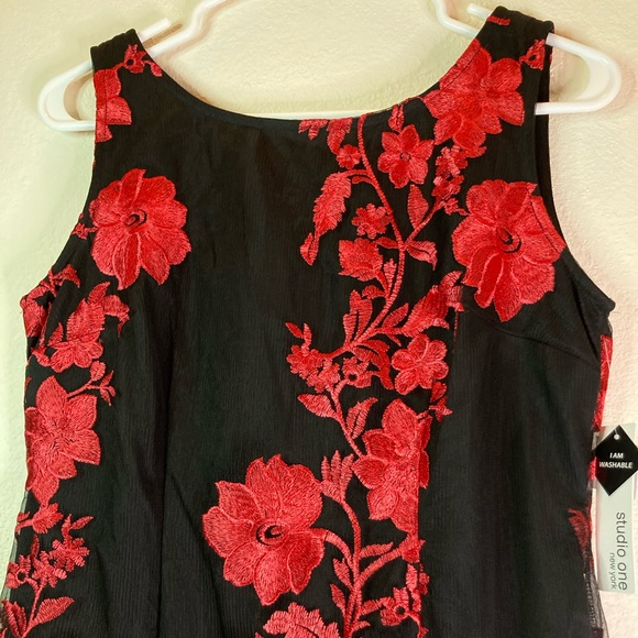 Floral Sleeveless Embroidered Mesh Sheath Black & Red - Picture 5 of 12